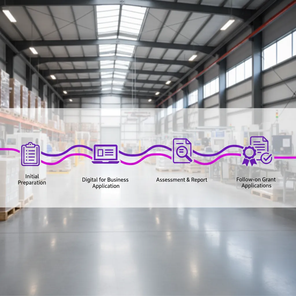 A visual of the four-stage LEO grant process (Initial Preparation, Digital for Business Application, Assessment & Report, Follow-on Grant Applications) overlaid on a modern manufacturing or logistics scene in Longford, Ireland.