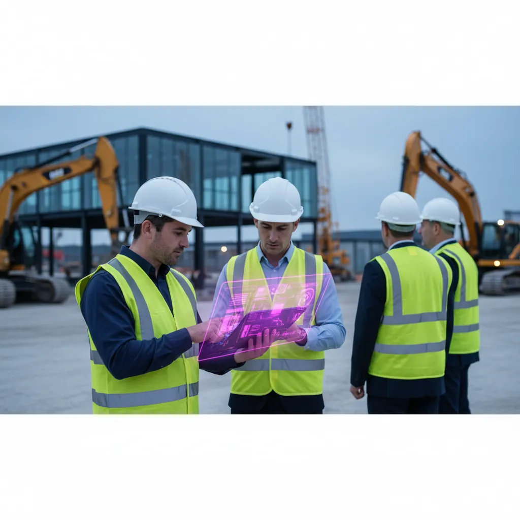 Professionals on a construction site using a digital tablet with data visualisations, symbolising the use of AI to streamline large-scale projects.