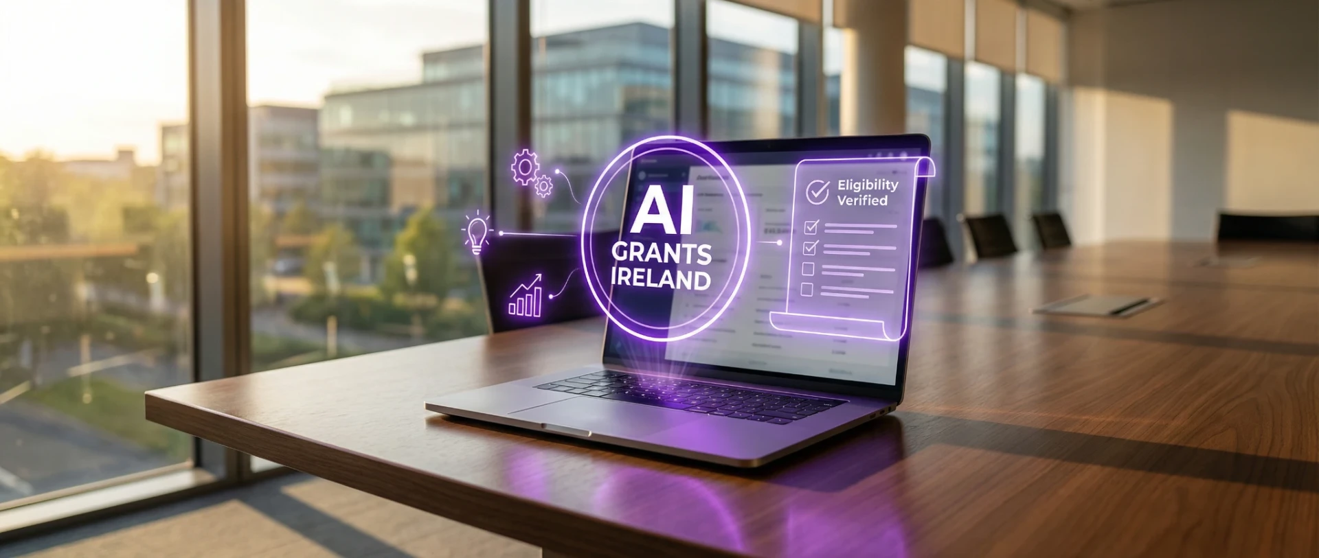 A professional boardroom table with a laptop featuring a 3D holographic display of AI Grant eligibility and the text "AI Grants Ireland" in Deep Purple brand colors