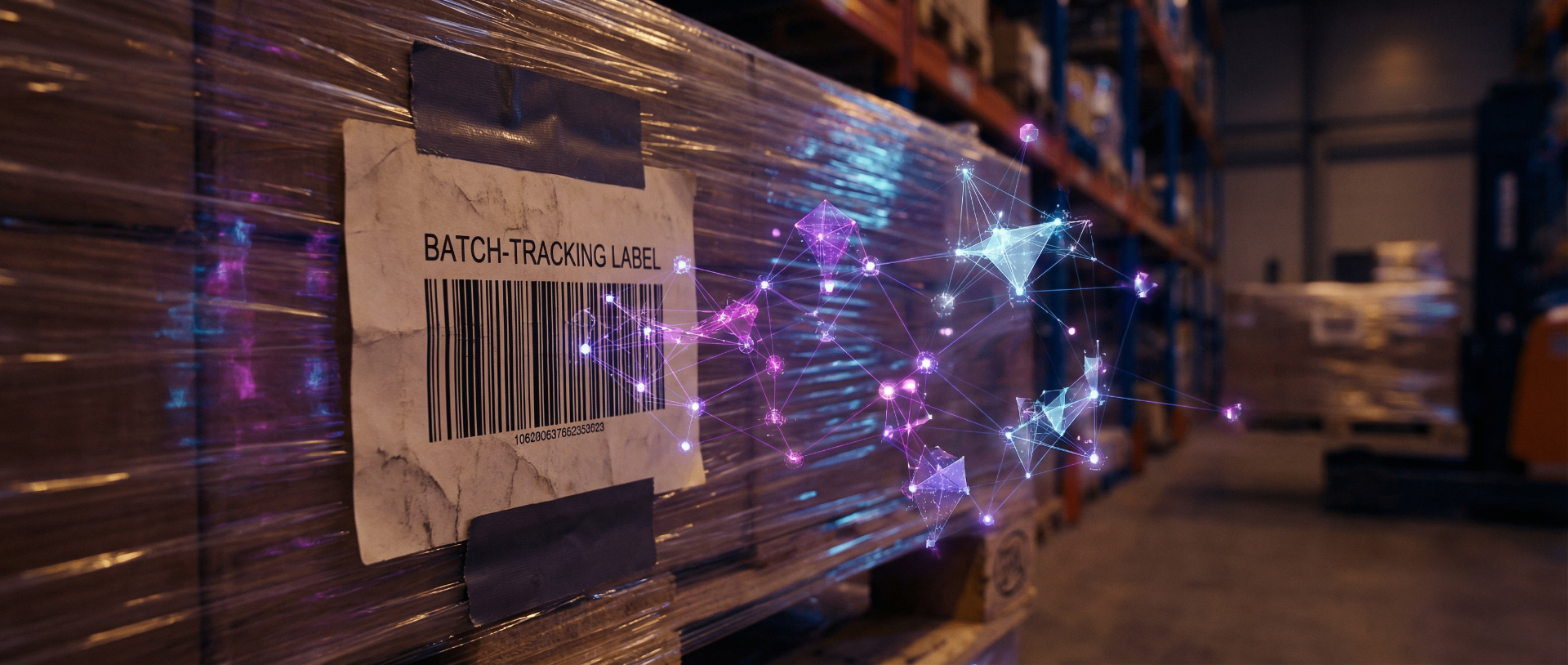 Macro shot of a physical batch label on a pallet projecting a glowing deep purple and magenta digital supply chain map.