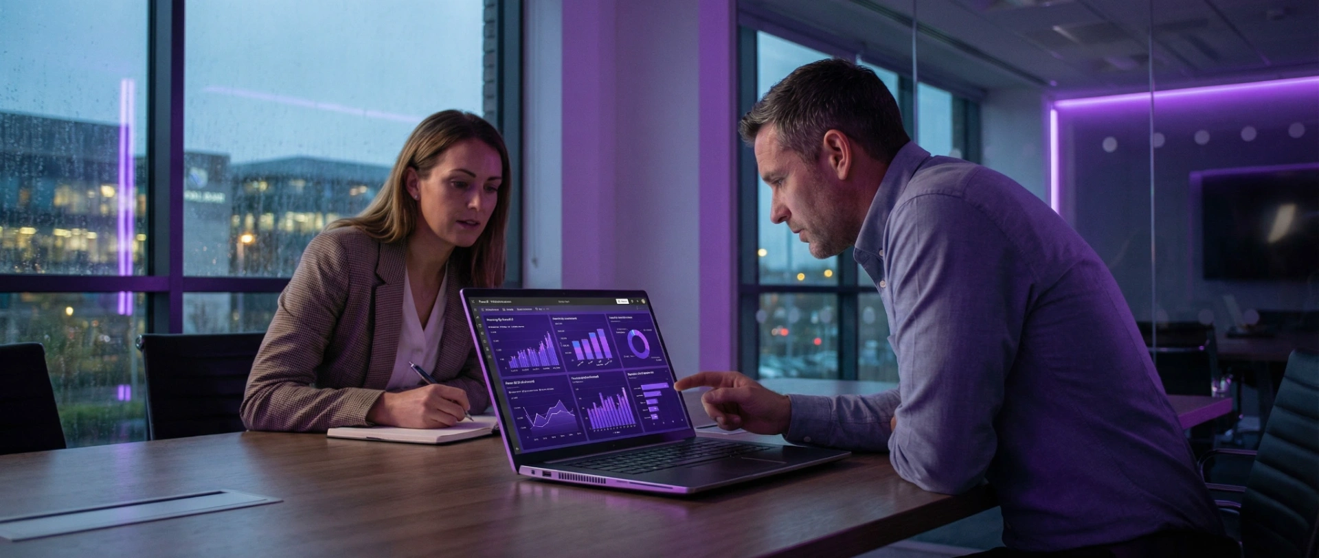 A data analytics strategy session at Deep Purple AI, featuring a consultant and client reviewing a Power BI dashboard styled in brand colours: Electric Violet and Deep Royal Purple.