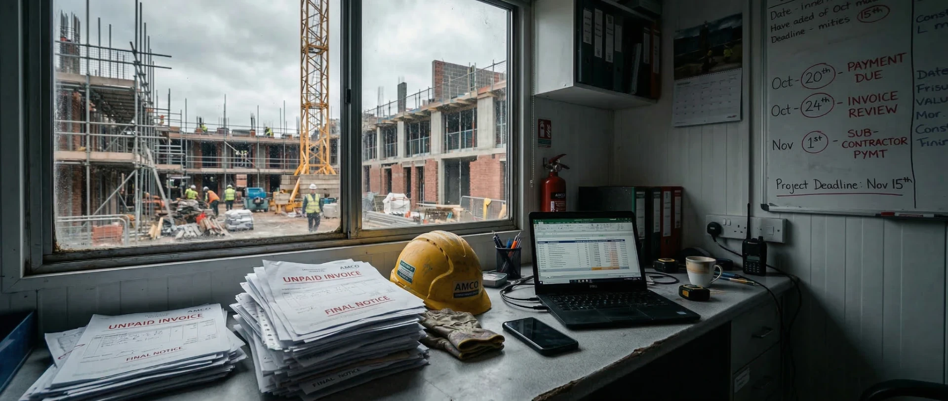 Construction site office desk with unpaid invoices, a hard hat, and a laptop showing a valuation spreadsheet. Through the portacabin window, an active Irish construction site with scaffolding and workers in high-vis is visible. The scene conveys the commercial pressure of construction payment delays.