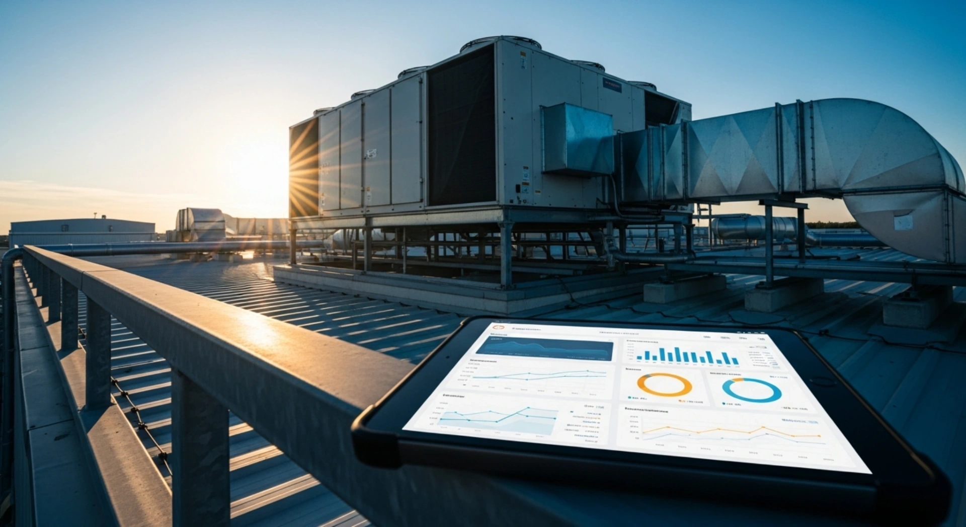 Commercial HVAC rooftop unit on an industrial building with a tablet displaying an AI quoting dashboard in the foreground