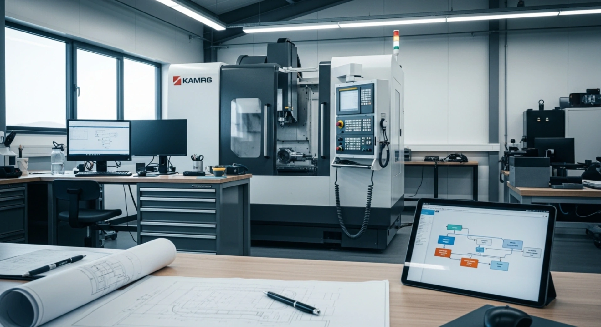 Precision engineering workshop with CNC machinery and a tablet displaying an AI roadmap alongside engineering drawings on a work desk