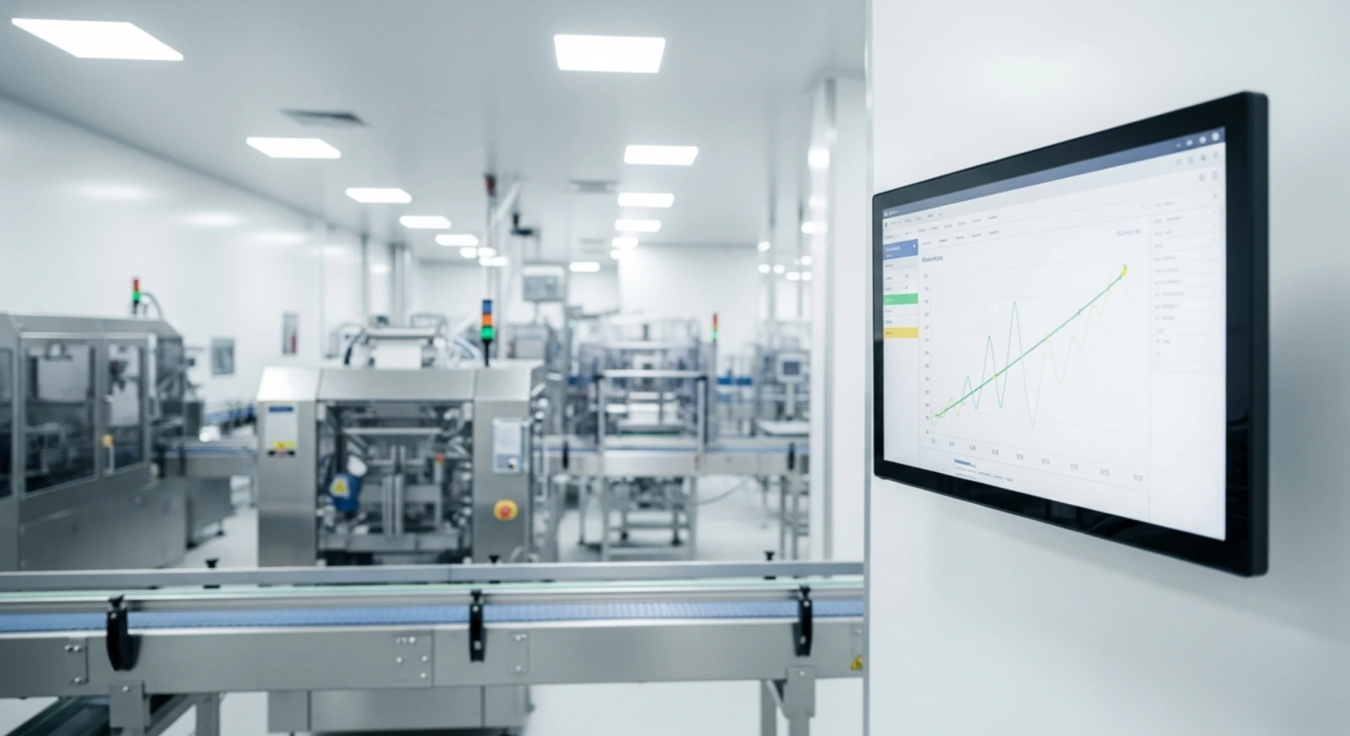 Food manufacturing production line with stainless steel conveyor equipment and an industrial monitor displaying a predictive quality analytics dashboard