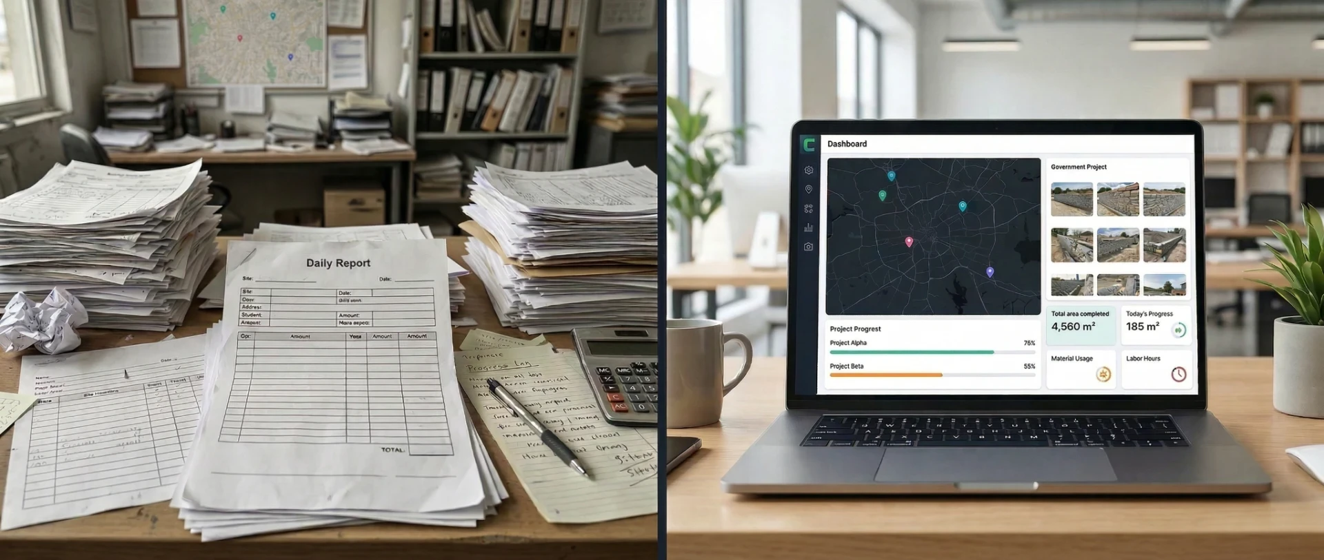 Before and after comparison. Left: paper dockets, tape measure, and manual reconciliation. Right: real-time web dashboard showing project progress, site photographs, and area calculations across multiple construction sites.