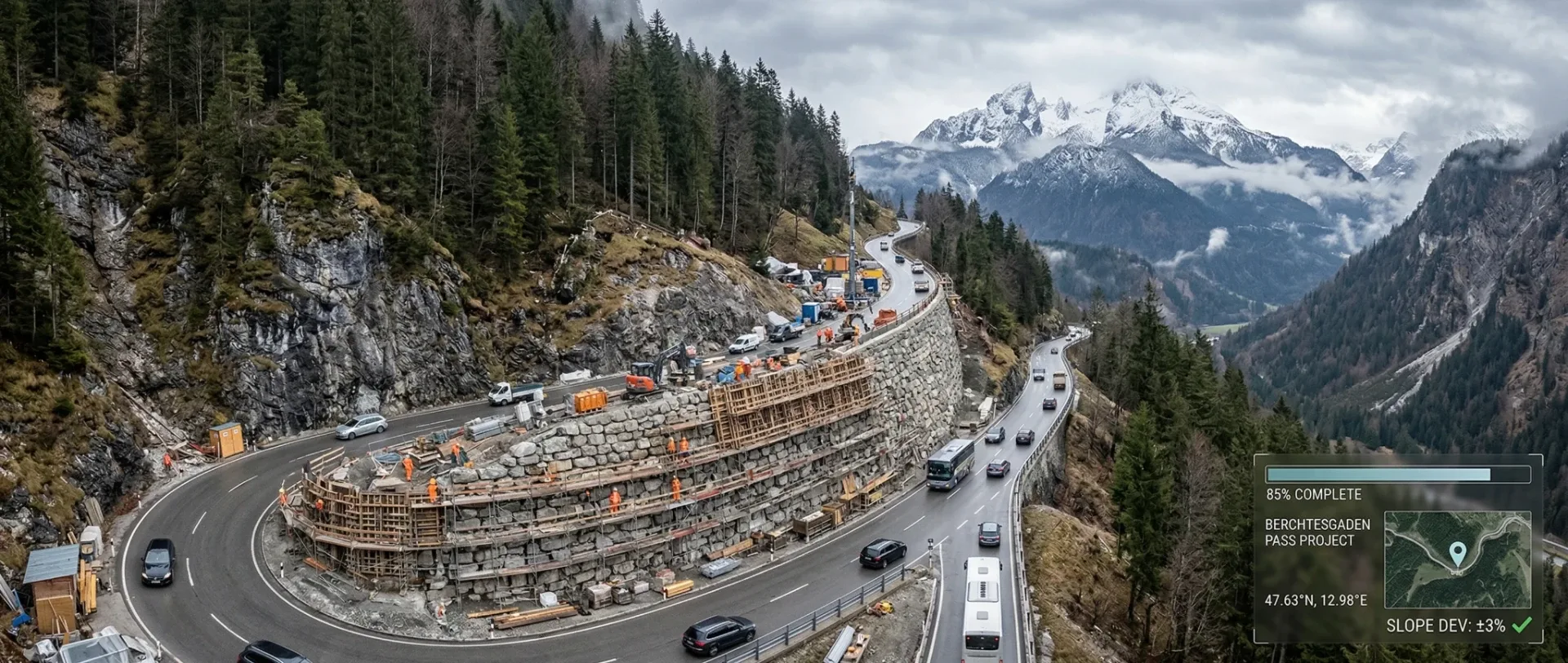 Aerial view of a stone retaining wall construction project on an alpine road pass. Workers in high-vis vests along scaffolding on the wall face. Mountain road with traffic, conifer forest, and low cloud on the peaks.