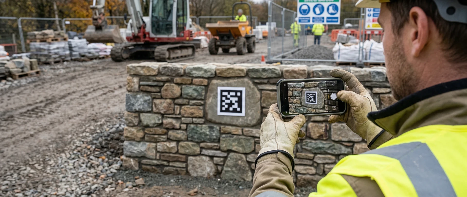 Construction worker using a mobile app to measure completed work area on site. Phone screen shows calibration marker detection and red outline with calculated area.