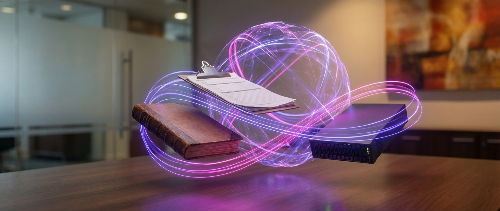Physical business records and clipboards being bound together into a unified digital sphere by glowing deep purple and magenta light ribbons.