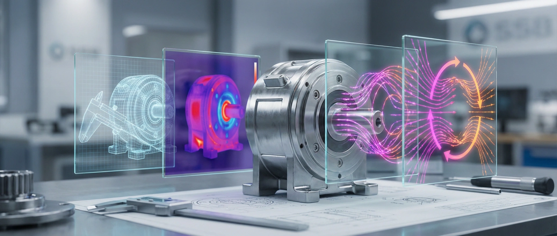 Four semi-transparent digital lenses revealing increasingly advanced deep purple and magenta data analytics overlays on a physical object.