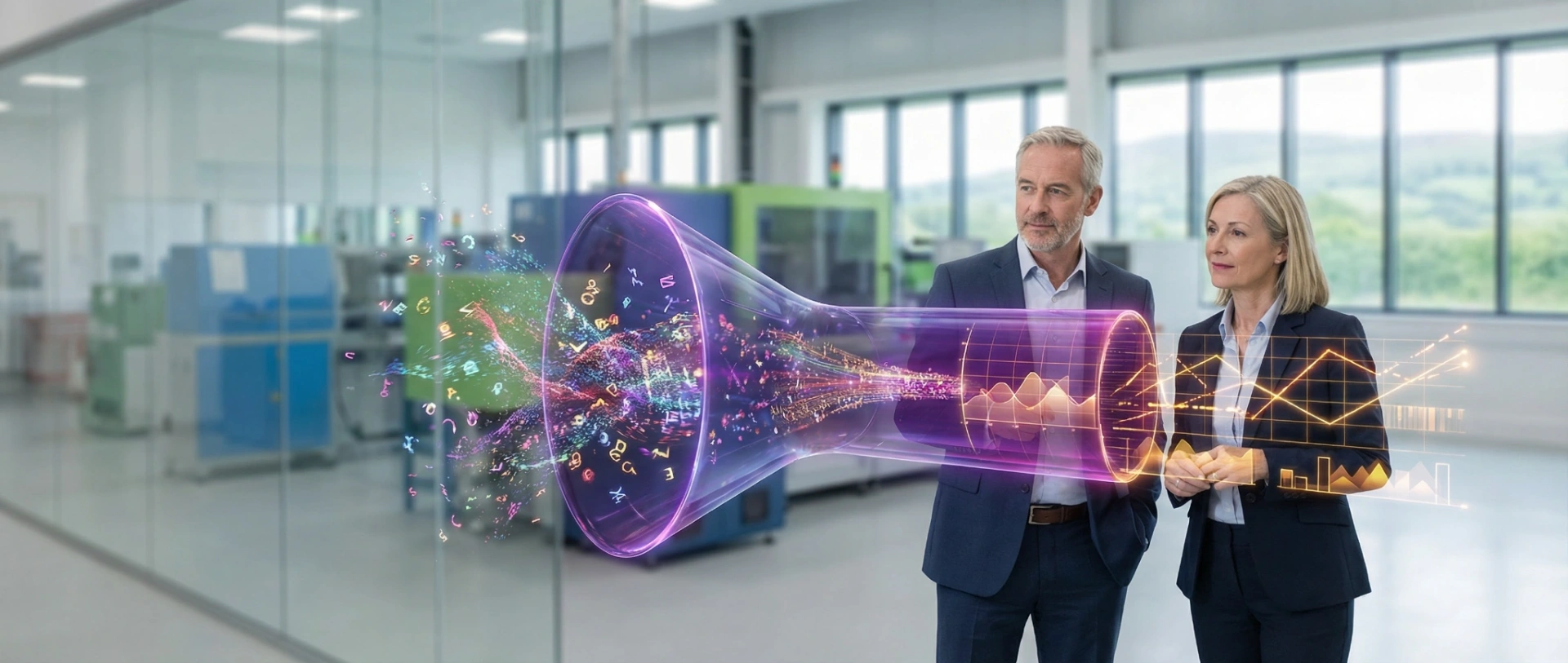 Abstract illustration of a data analytics pipeline transforming raw business spreadsheets into structured predictive insights using Deep Purple AI brand colors.