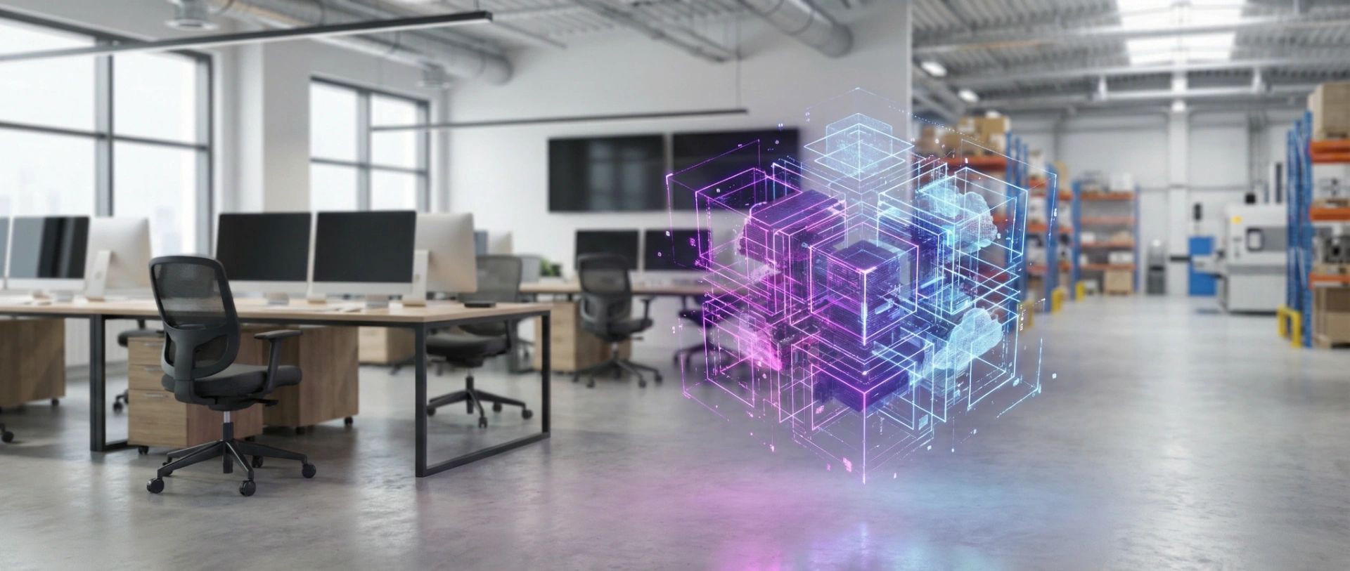 A wide shot of a modern SME workspace overlaid with a glowing deep purple and magenta 3D digital blueprint representing business data architecture.
