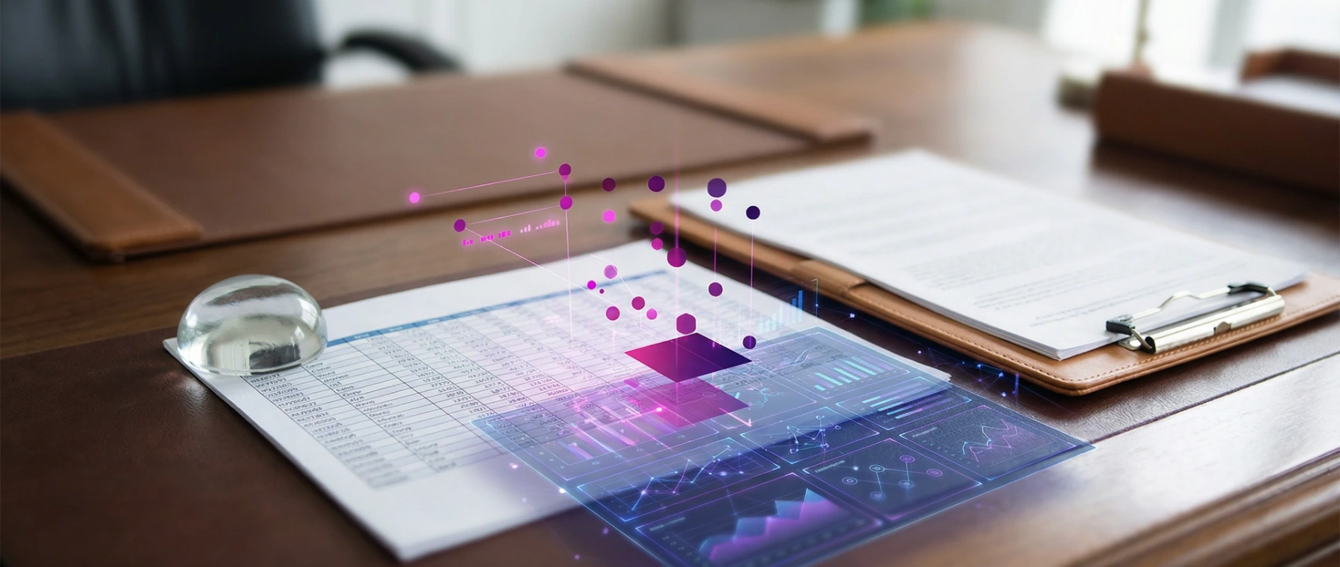 Photorealistic image of a traditional business desk and spreadsheets overlaid with structured deep purple and magenta digital grids, representing data readiness for Irish SMEs.