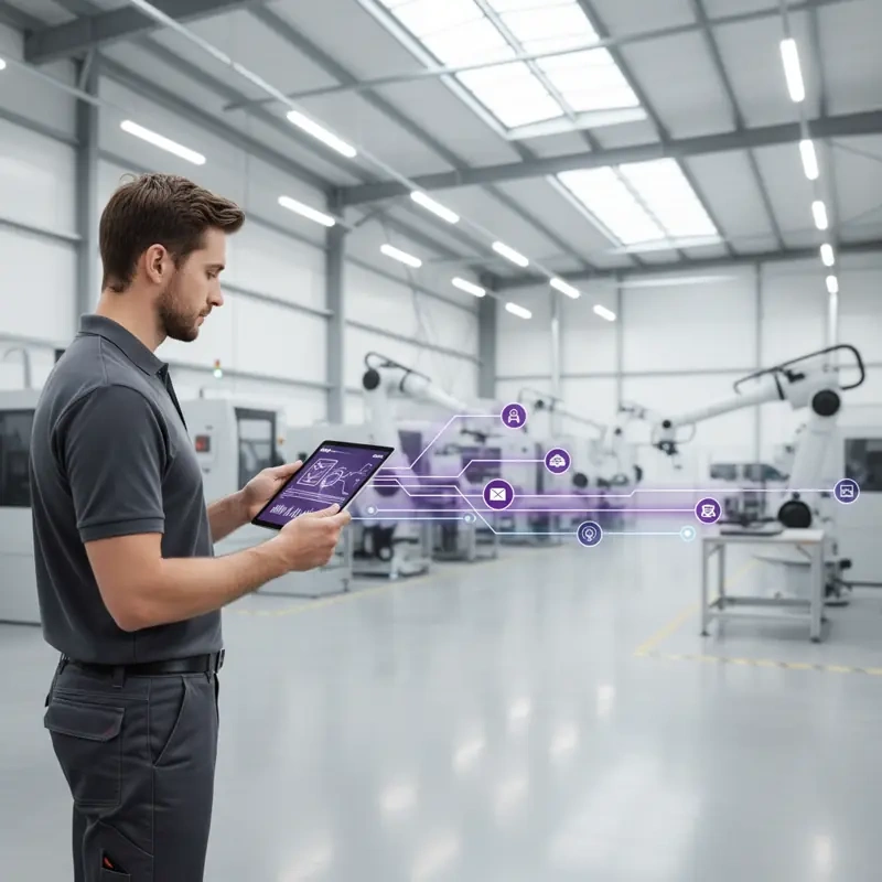 A professional in a factory holding a tablet with data visualizations, showing the practical application of AI in a traditional setting like manufacturing or logistics.