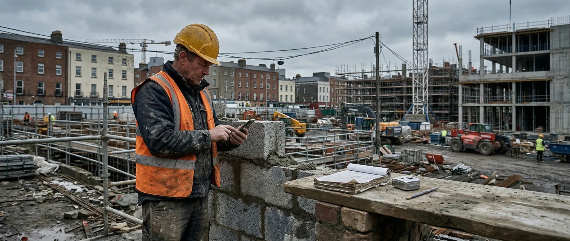 Construction worker in high-vis vest photographing completed stonework with a smartphone on an Irish building site. Discarded paper dockets and tape measure visible in the foreground. Overcast sky and scaffolding in the background.