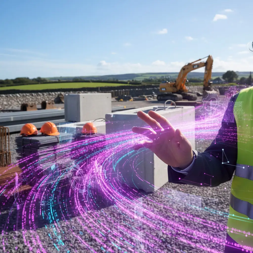 A close-up digital render of a human hand gesturing over a stream of glowing purple and magenta data, with translucent gears and circuit board lines, set against the backdrop of a construction site in Ireland. The image symbolises the Digital Process Innovation grant for AI projects in non-tech industries.
