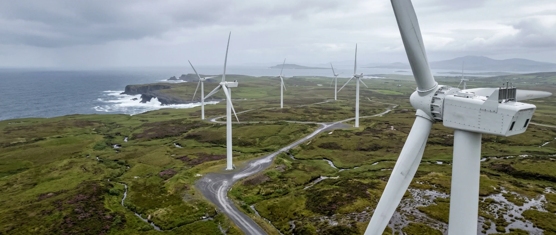Aerial view of an onshore wind farm on the west coast of Ireland taken during a drone inspection flight