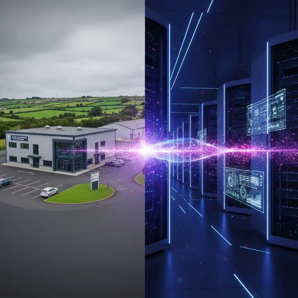 A conceptual digital illustration depicting an SME building on the left and a futuristic data center on the right, connected by a glowing purple data stream. The image symbolises the partnership between SMEs and AI driven digital transformation projects