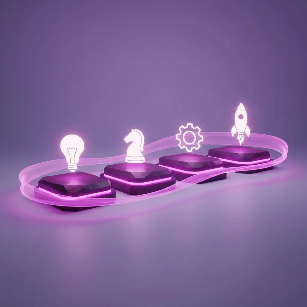 A visual roadmap of the Enterprise Ireland grant process with four labeled steps: Discovery (lightbulb), Strategic (chess piece), Implementation (gear), and Advanced (rocket). The path glows with deep purple and magenta colors