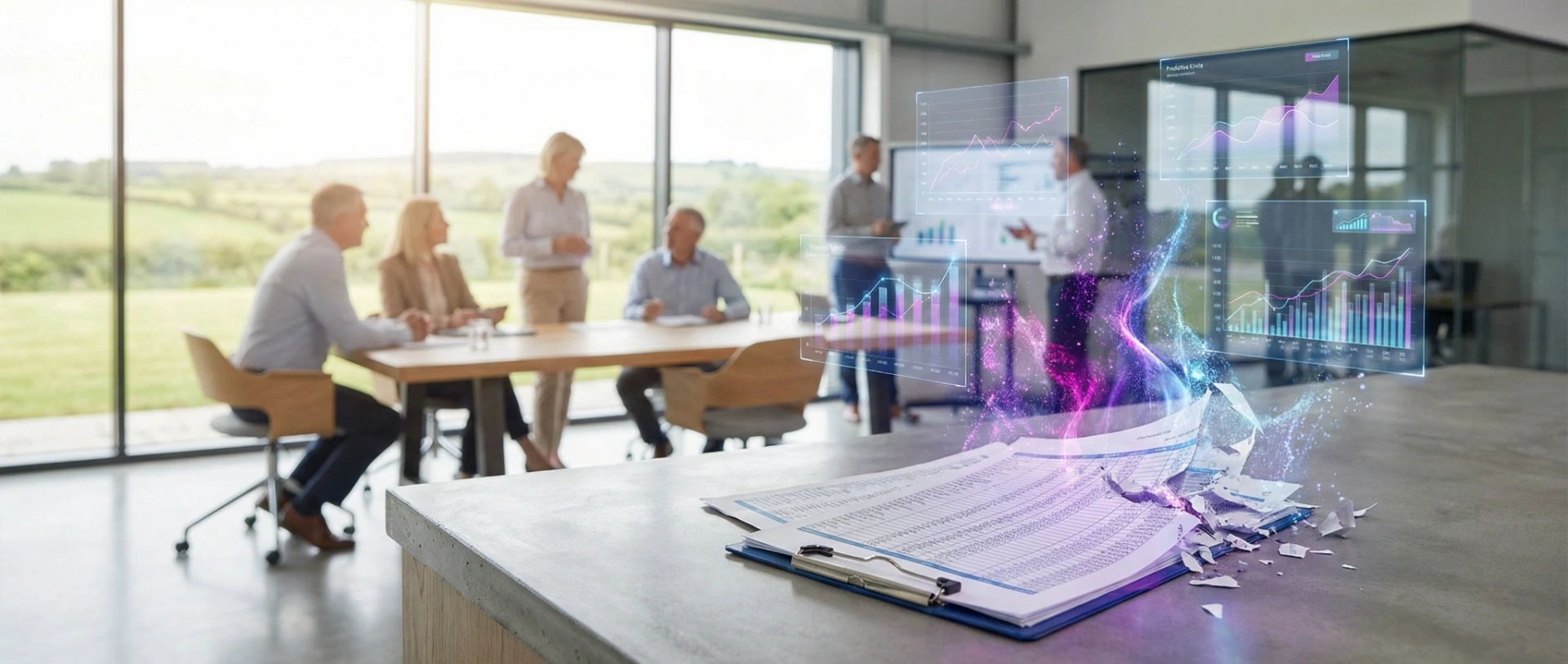 A bright office workspace where physical spreadsheets are transforming into glowing deep purple and magenta digital predictive analytics charts.