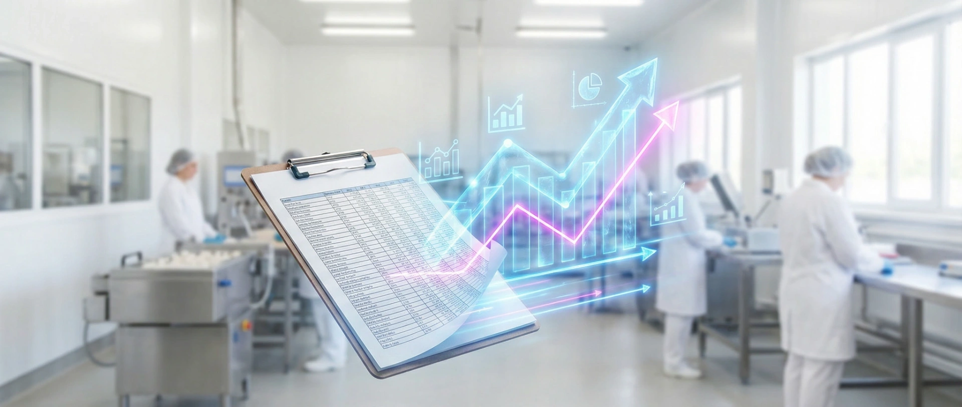 A bright, modern production facility with a physical spreadsheet on a clipboard transforming into a glowing ice-blue and magenta predictive analytics chart.
