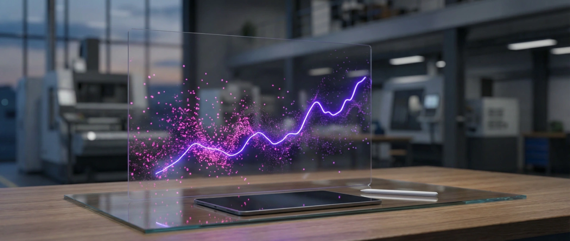 Photorealistic image of a production planning desk with glowing magenta and deep purple digital overlays, representing exploratory data analysis separating signal from noise.