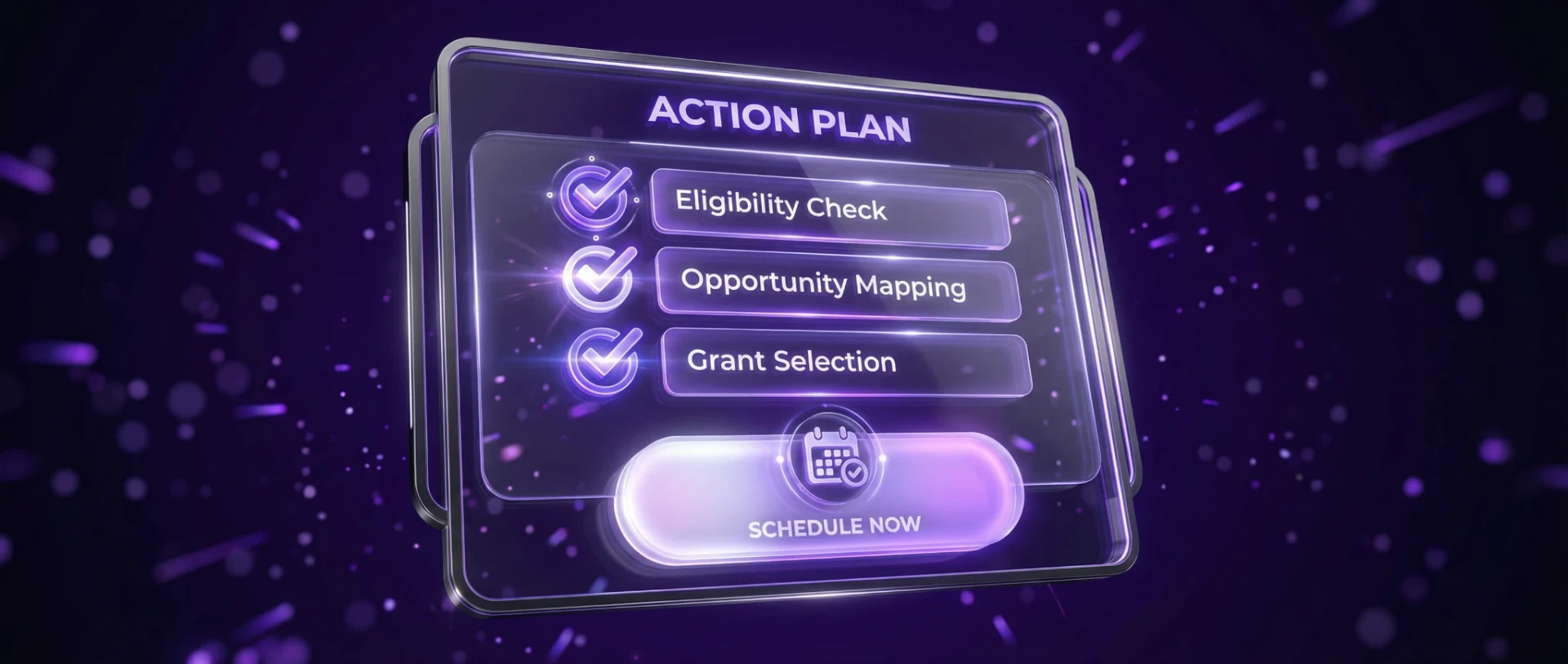 A digital checklist showing the steps for Invest NI funding: Eligibility, Opportunity Mapping, and Grant Selection, styled in Deep Purple AI brand colors.