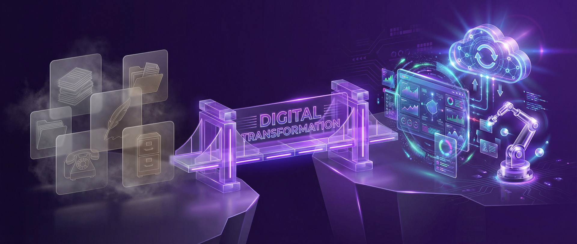 Illustration of a digital transformation bridge from manual processes to AI-driven automation, in Deep Purple AI brand colors.