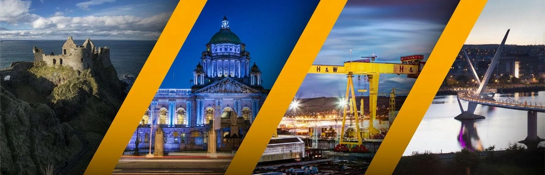Northern Ireland landmarks including Belfast City Hall, Harland & Wolff cranes, and Peace Bridge representing the diverse business landscape eligible for Invest NI AI funding