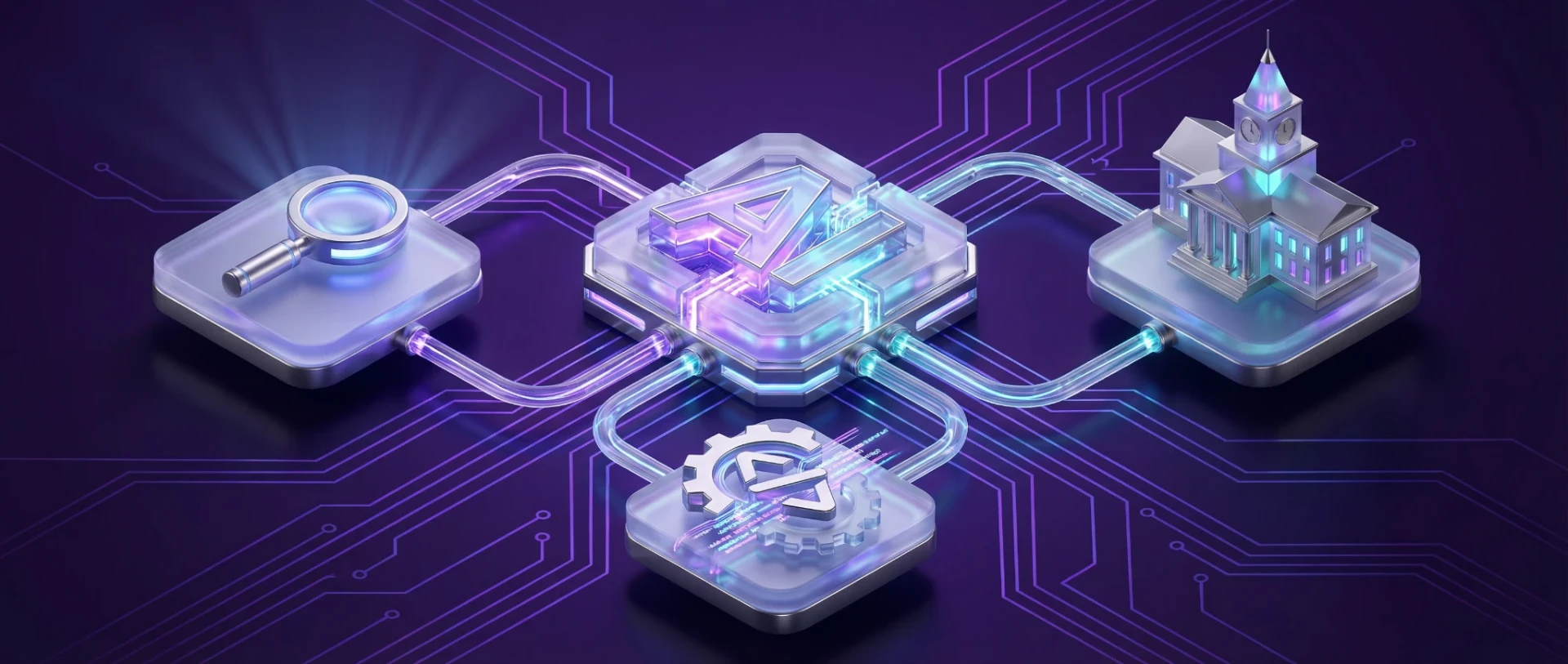 Isometric illustration of an AI research and development hub showing collaboration between business, academia, and technical experts in Deep Purple AI colors.