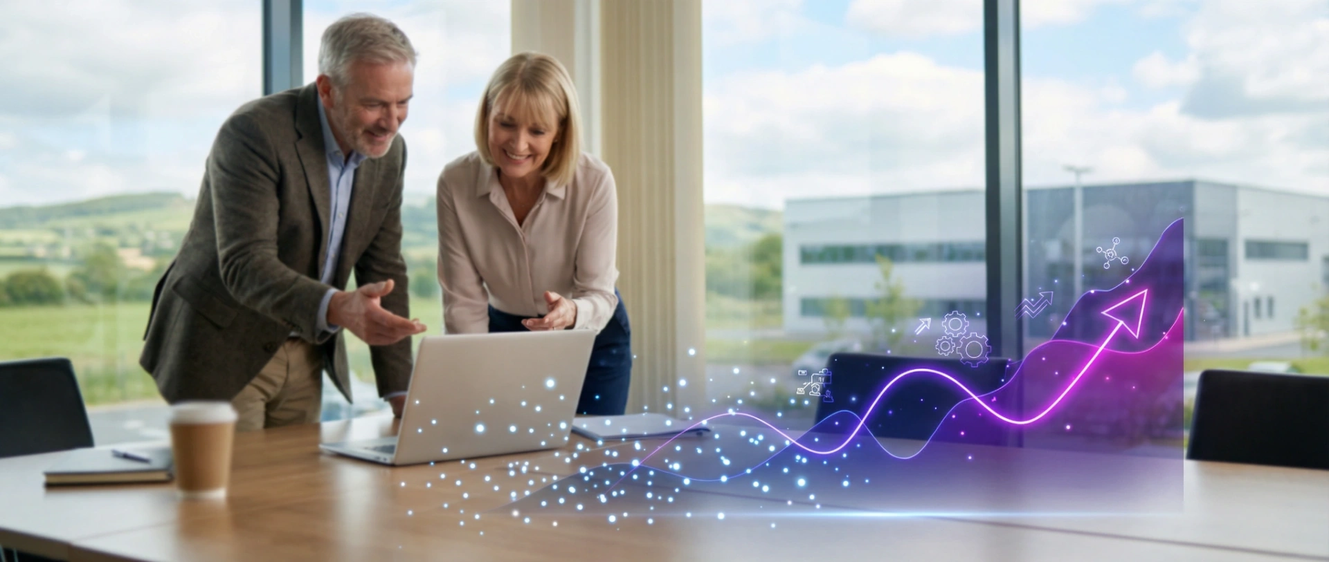 Two business professionals collaborating over a laptop, with glowing deep purple and magenta digital overlays showing messy data transforming into predictive insights.