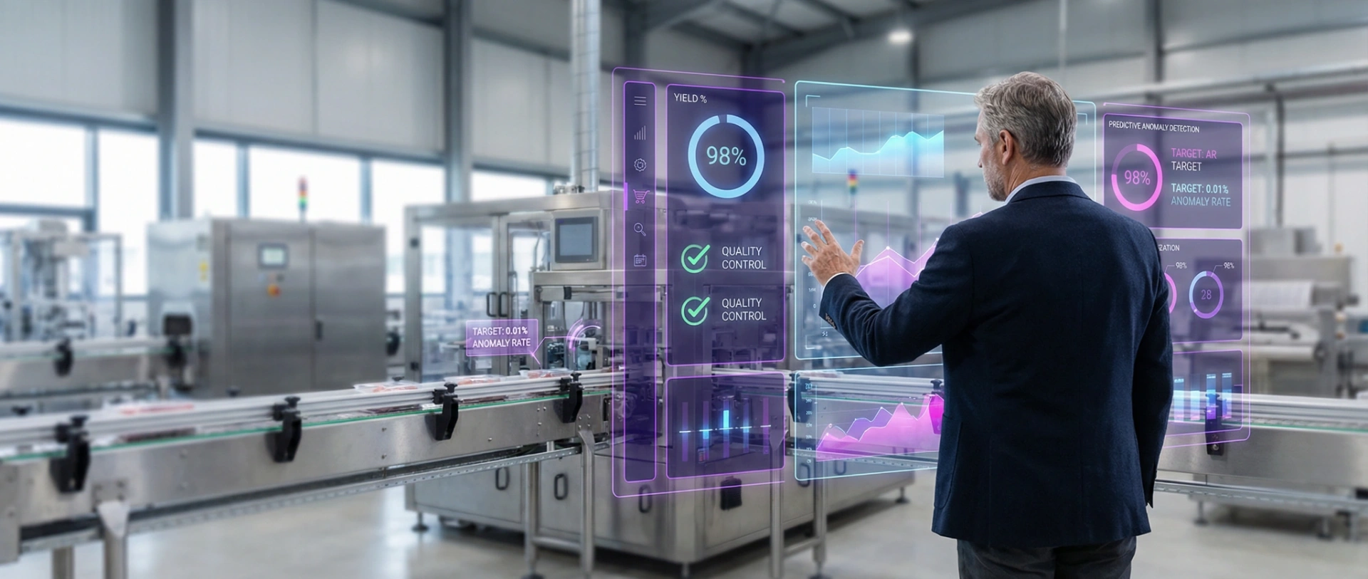 A modern food production line with glowing deep purple and magenta digital overlays representing predictive quality analytics and yield forecasting.