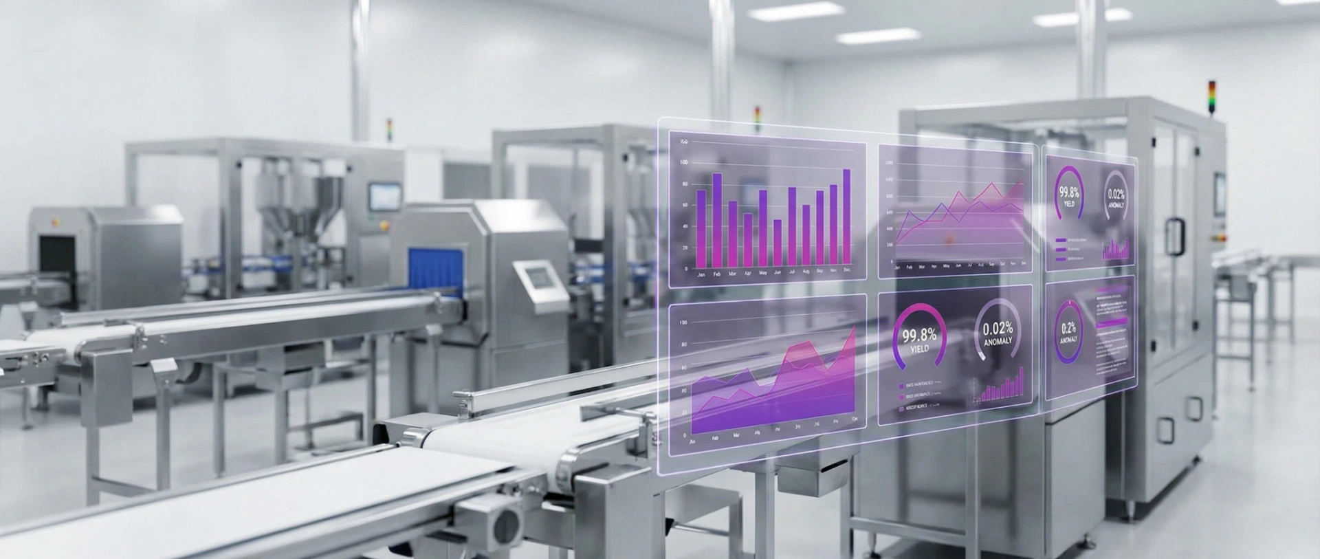 A modern stainless-steel food production line with glowing deep purple and magenta digital overlays representing predictive quality analytics.