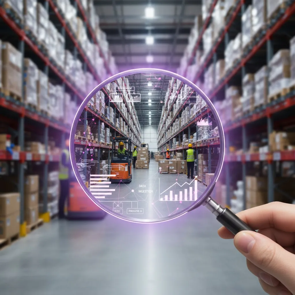 A magnifying glass hovering over a busy traditional manufacturing floor, revealing subtle glowing data overlays and AI symbols, representing R&D for AI solutions in non-tech businesses.