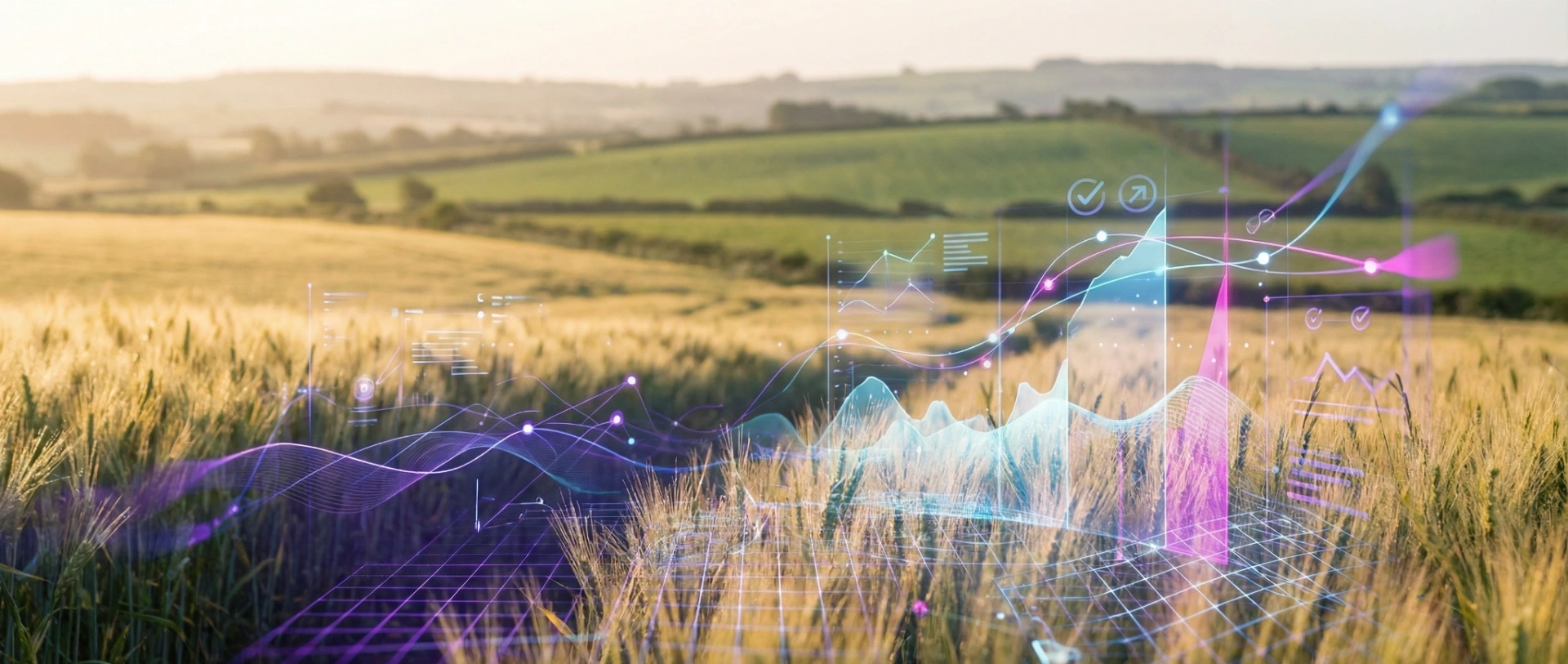 A natural agricultural landscape overlaid with glowing deep purple and magenta digital data grids, representing raw material tracking for predictive quality.