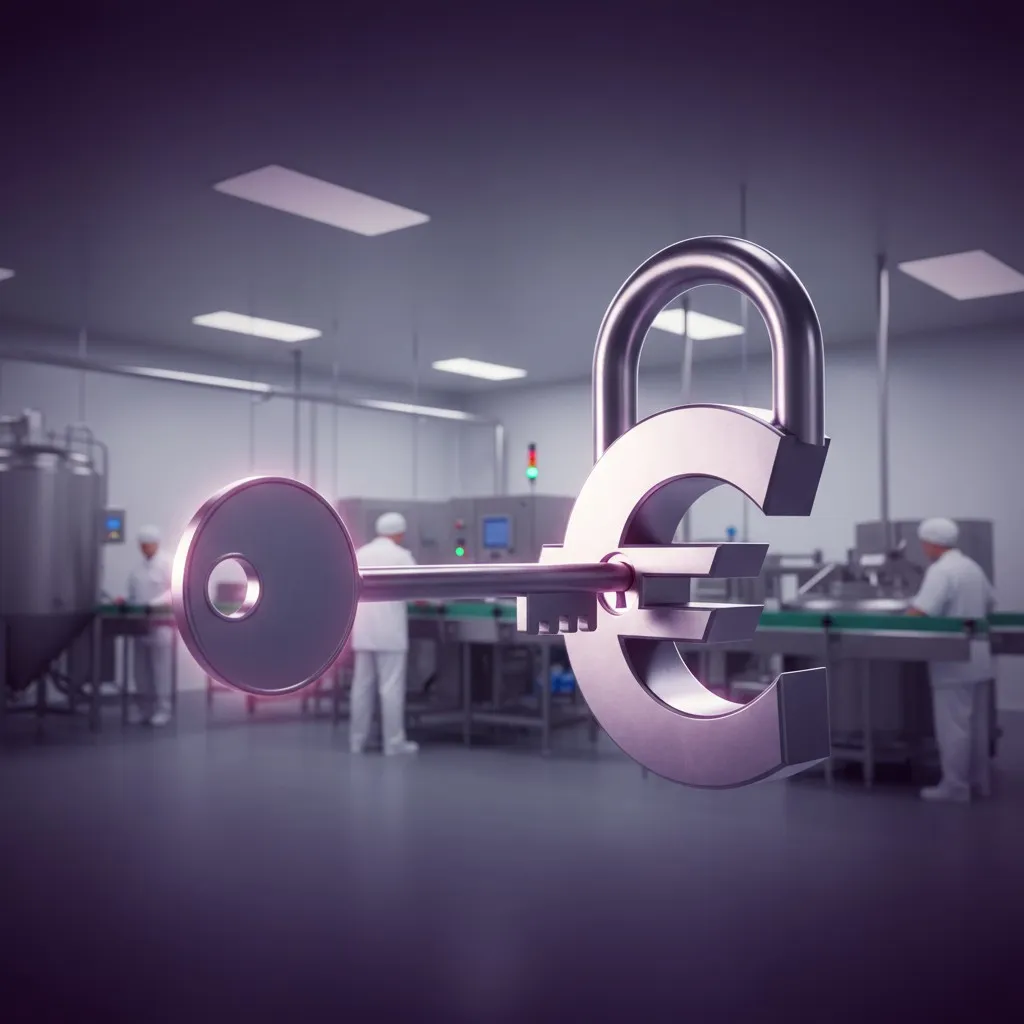 A close-up digital render of a stylised purple and magenta key fitting perfectly into a padlock shaped like a euro (€) sign, symbolising easy access to grant funding for Irish businesses.