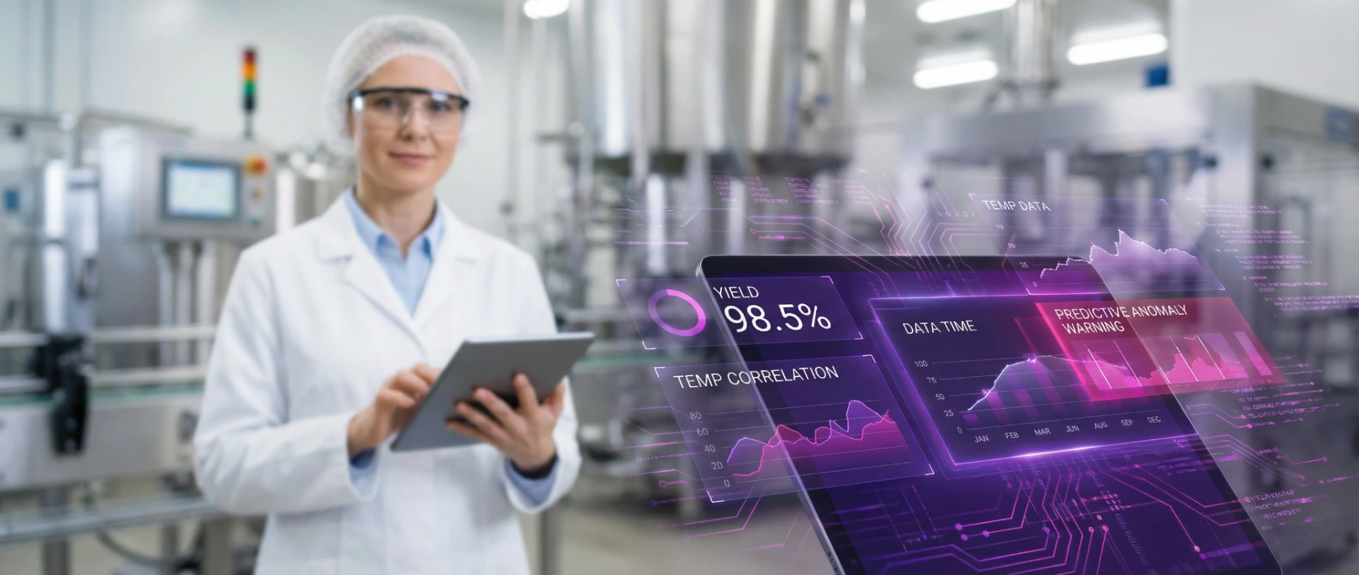 A quality assurance manager on a food production line viewing glowing deep purple predictive analytics and yield optimisation data.